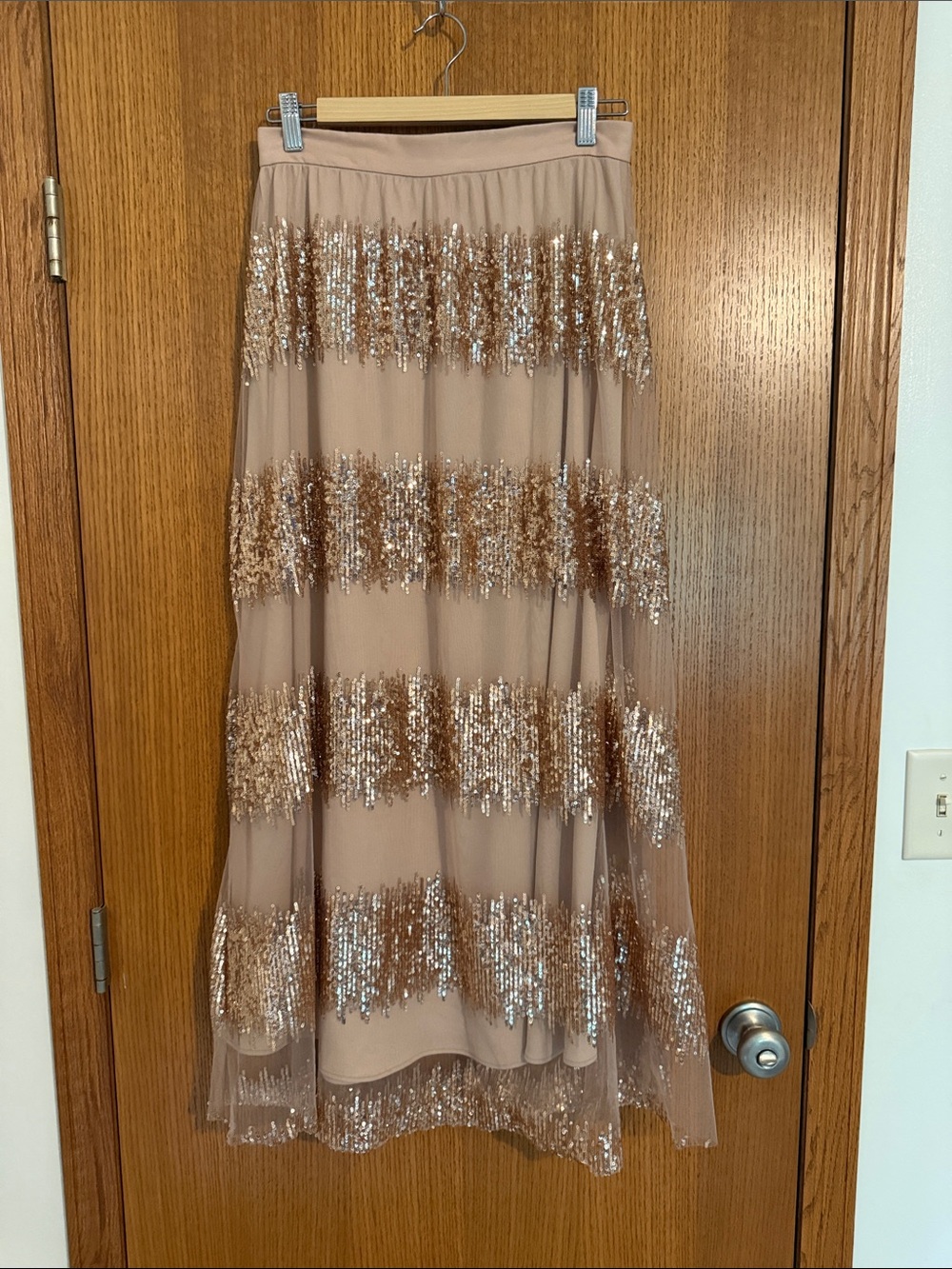 Eva Franco Rose Gold Sequin Stripe Maxi Skirt